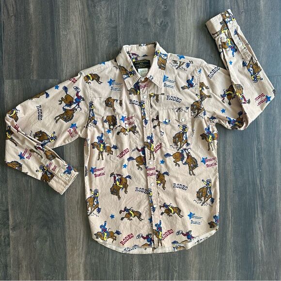 Vtg Pearl Snap Wrangler Button Up Kids Sz XL Rodeo Bronco Western Cowboy Graphic - Picture 2 of 5